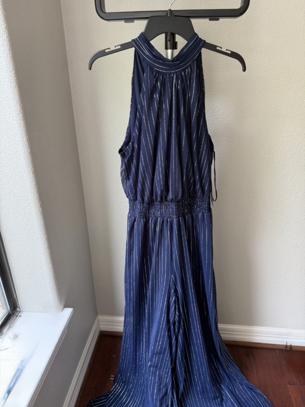Vince Camuto Navy/White Pinstripe Halter Wide-Leg Jumpsuit Tie Waist M